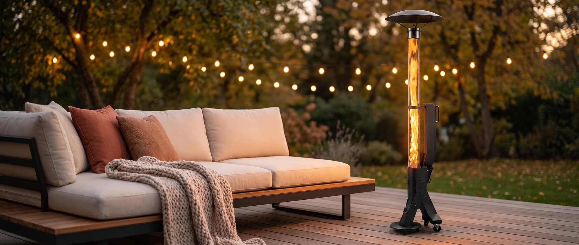 Feuertube Pellet-Terrassenofen mit Flamme im Glasrohr neben einem Loungesofa auf einer Holzterrasse im Herbst