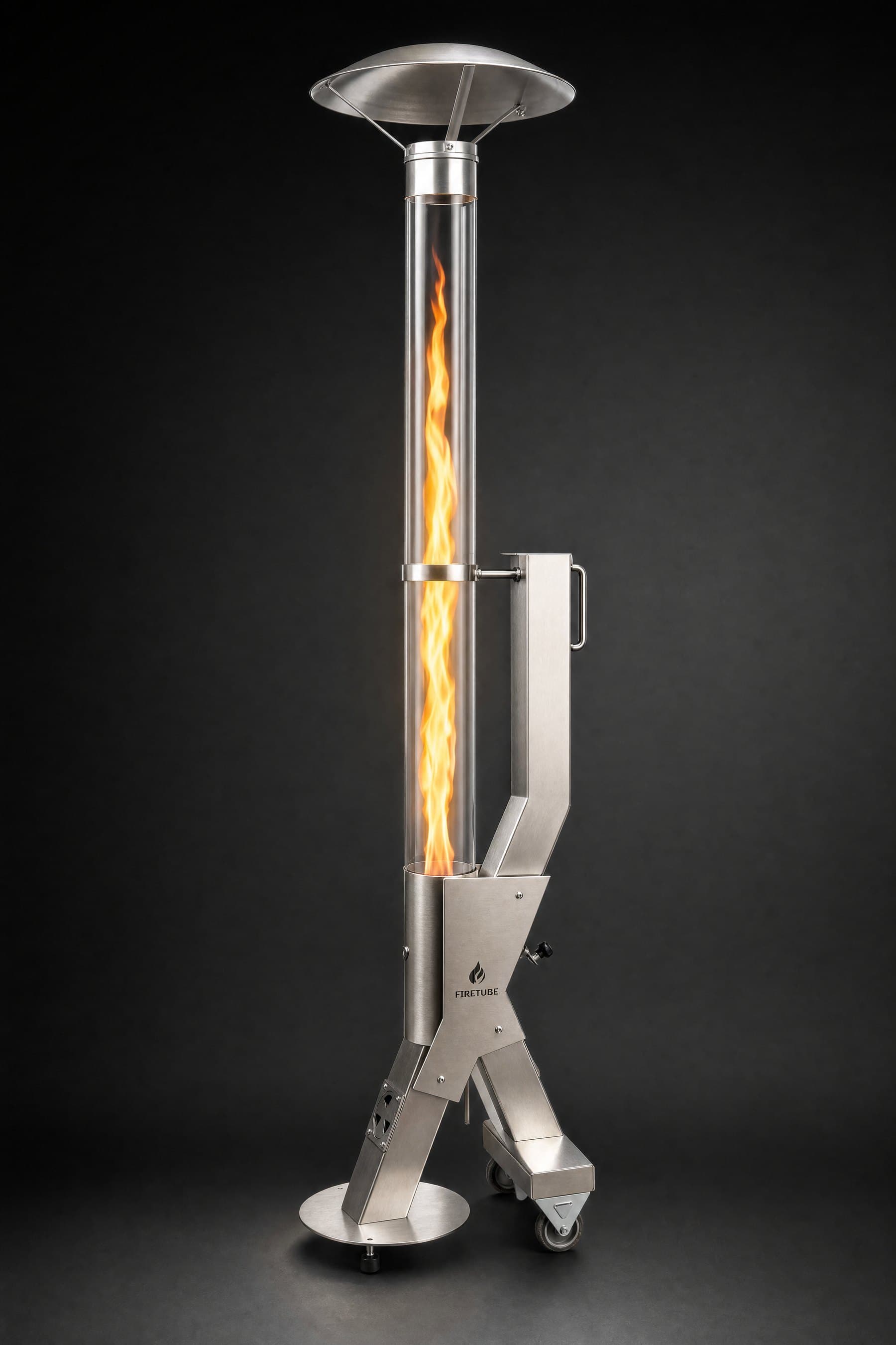 Firetube Premium aus Edelstahl, die Flamme brennt als Wirbel im Glasrohr
